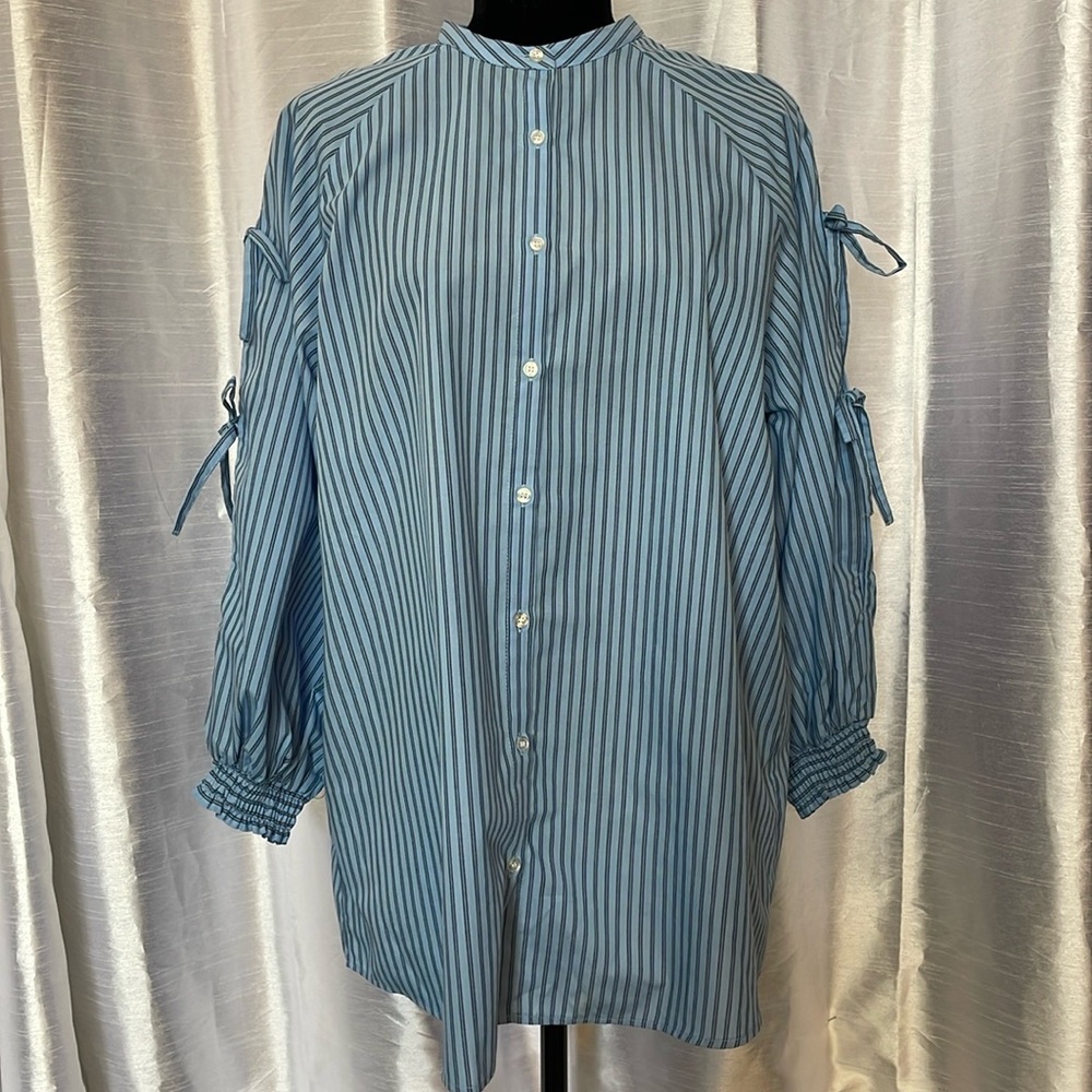 Striped Blue Tie-Sleeve Button-Front Women’s Top
